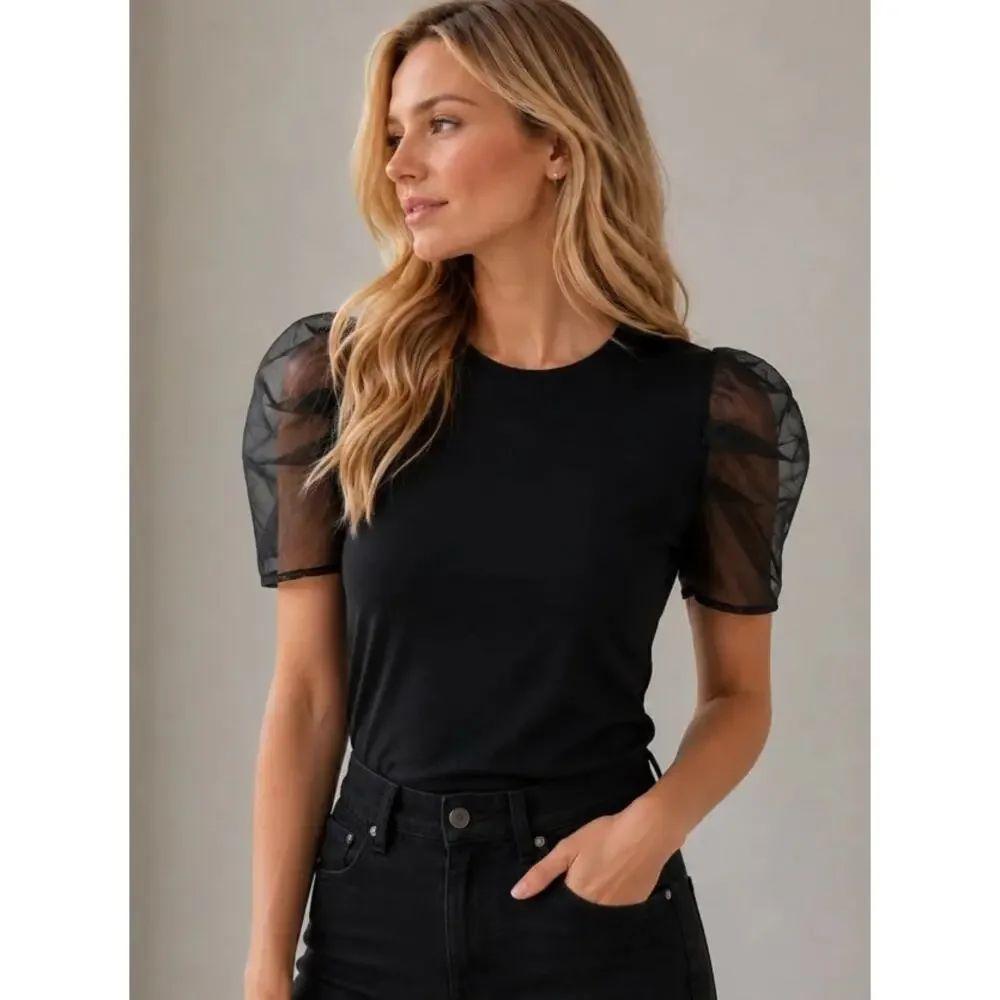 Hyacinth House Black Tulle Puff Short Sleeve Darby Top Womens XXL